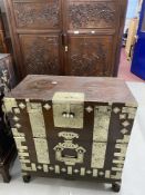 19th cent. Chinese hardwood campaign chest, fall front with decorated alloy mounts. 34½ins. x 18½