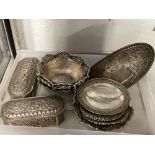Oriental white metal plated repousse dishes x 5, Dia. 4½ins, pin dishes x 3, Dia. 3½ins, shallow