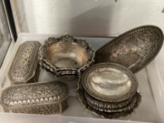 Oriental white metal plated repousse dishes x 5, Dia. 4½ins, pin dishes x 3, Dia. 3½ins, shallow