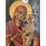 20th cent. Iconography: Greek-Arabic treen panel Holy Mother and Child gilt embellished with