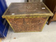 Art Nouveau: Copper and brass coal box with original liner, decorated with stylised motifs. 21ins.