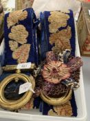 19th cent. Embroidery English woolwork bell pull, cobalt blue ground with rose decoration silk