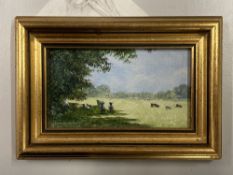 Robert Hughes: Miniature oil on board 'Sunshine and Shadows', framed. 4ins. x 2ins. Sold with