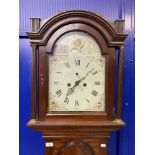 Clocks: 19th cent. Mahogany longcase clock with painted arch dial. 16ins.