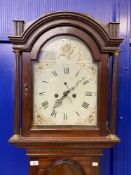 Clocks: 19th cent. Mahogany longcase clock with painted arch dial. 16ins.