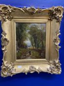 19th cent. Continental School oil on canvas of a woman walking through trees, indistinct signature