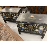 20th cent. Black lacquer cabinet on stand with painted decoration showing stylised birds and
