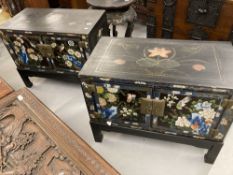 20th cent. Black lacquer cabinet on stand with painted decoration showing stylised birds and