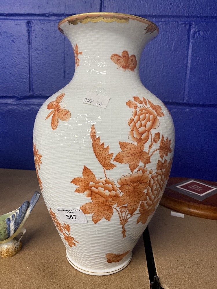 20th cent. Ceramics: Herend baluster shaped vase basket weave ground with red monochrome floral