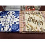 Fashion: Ice blue silk scarf, cream ground printed with Hussars mounted on horses, with a border