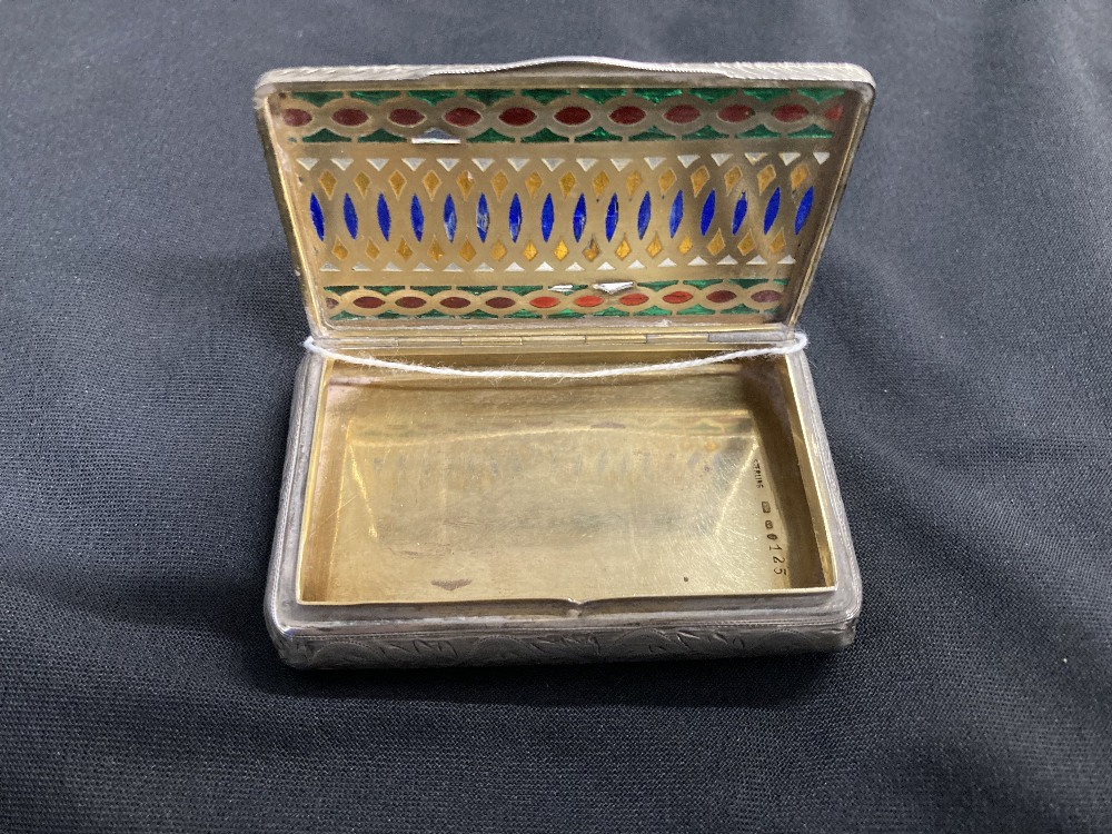 Silver snuff or patch box engraved sides with geometric coloured enamel lid, gilt interior stamped - Image 2 of 2