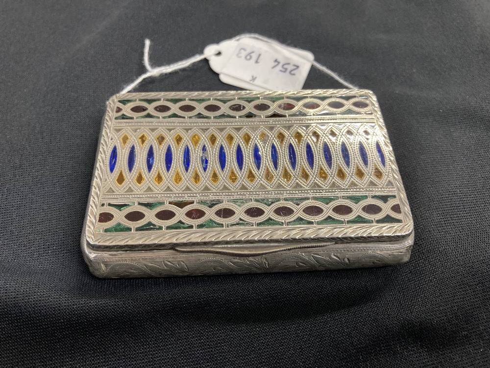 Silver snuff or patch box engraved sides with geometric coloured enamel lid, gilt interior stamped