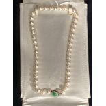 Jewellery: Necklet single row of (45) 7.5mm cultured pearls with a white metal 11mm circular clasp