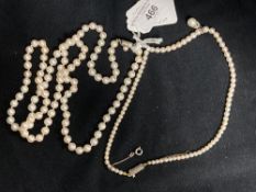 Jewellery: Necklace cultured pearls 6.5mm, 105, 32ins length, with 14ct tested clasp, plus another