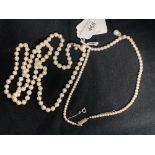 Jewellery: Necklace cultured pearls 6.5mm, 105, 32ins length, with 14ct tested clasp, plus another