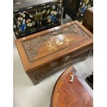 Chinese camphor wood blanket box inlaid with mother of pearl. 36ins.
