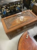 Chinese camphor wood blanket box inlaid with mother of pearl. 36ins.