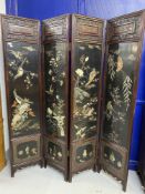 Chinese black lacquer four section room divider/screen, hand decorated panels with inset jadeite and