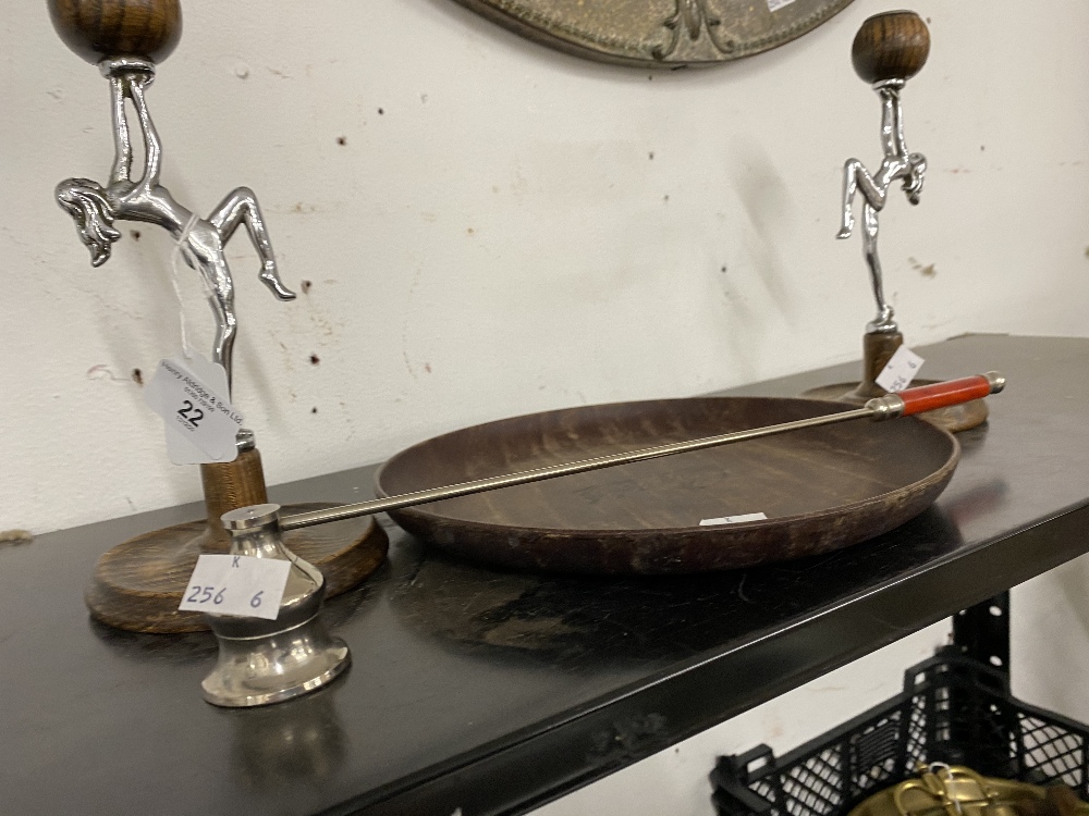 Treen and chrome art deco candlesticks in the form of a naked lady with a globe, plus a treen