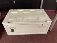 World War Two: Steel ammunition box C224 SF I 1940. Painted yellow on outside but retains the