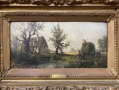 19th cent. Continental School: Oil on board, label on reverse Haymaking in Upper Austria, signed