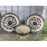 Chinese 'Ming' style blue and white plates sketch leaf and foliate scrolls with central blossom, the