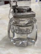 19th cent. Cut glass and white metal travelling inkwell. Approx. 3ins tall 2¼ins dia.