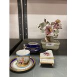 20th cent. Porcelain Limoges pin dish with lid, piano shaped pin dish, small plate, and coffee can