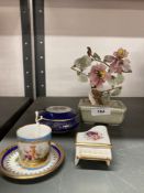 20th cent. Porcelain Limoges pin dish with lid, piano shaped pin dish, small plate, and coffee can