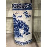 20th cent. Chinese pale blue of cylindrical polygon shape decorated in blue willow pattern. Crack to