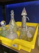 Late 19th/Early 20th cent. Glass: Perfume bottles hobnail cut long neck with hallmark silver