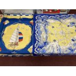 Fashion: Silk scarf Rodier Paris, nautical design of a sailing boat, flags and seagulls, blue/