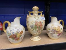 Ceramics: Royal Worcester blush milk jug (1094) a pair, plus urn ware 1654. (A/F)