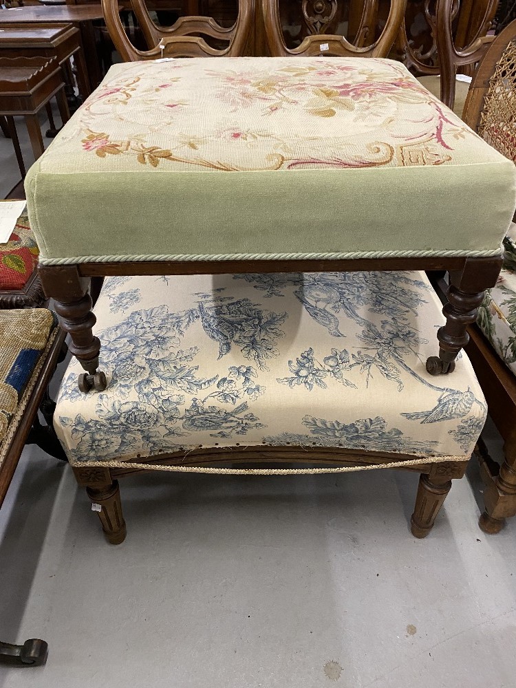 19th cent. Two large mahogany footstools with floral cushioned upholstery. - Image 2 of 2