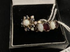 Hallmarked Jewellery: Two 9ct gold rings, one cluster set with opals and sapphires, the other a half