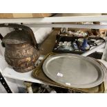 19th/20th cent. Metalware: Copper preserve pan, copper bowl, iron and brass candlesticks, column