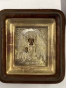 19th cent. Orthodox miniature Christ Pantokrator, silver gilt with painted portrait, Cyrillic script