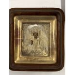 19th cent. Orthodox miniature Christ Pantokrator, silver gilt with painted portrait, Cyrillic script