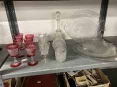 19th cent. & Later Glass: Two bulb shaped decanters 9ins. & 7ins. and six Cranberry type wine