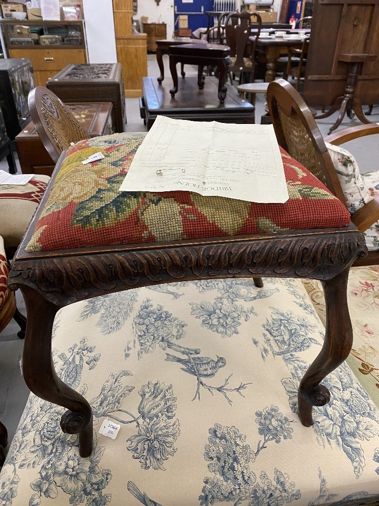 18th cent. French walnut footstool with cabriole supports and floral needlepoint upholstery.