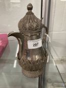 Islamic white metal coffee pot flame and filigree work. Approx. 6ins high. Tests as 800 standard.