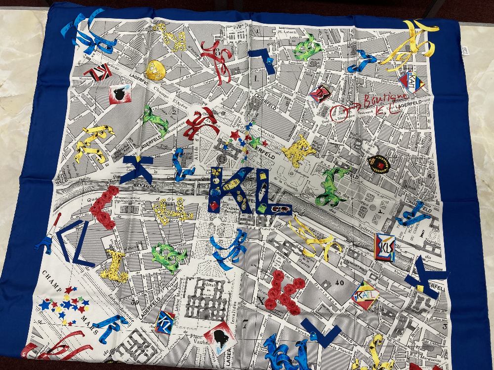 Fashion: Karl Lagerfeld silk scarf, deep blue border, the design being a map of Paris, and the