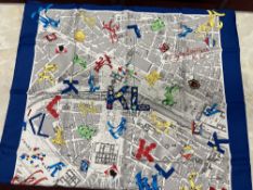 Fashion: Karl Lagerfeld silk scarf, deep blue border, the design being a map of Paris, and the