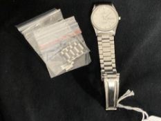 Watches: Omega Seamaster day/date wristwatch with Omega stainless steel strap.