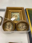 19th cent. Miniatures: Mezzo tint two boys with bird's nest, plus Regency family group x 2, all