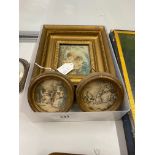 19th cent. Miniatures: Mezzo tint two boys with bird's nest, plus Regency family group x 2, all