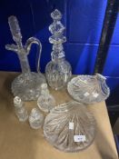19th cent. Glass: Claret jug with rivet repair, ring neck decanter, cut glass dressing table bottles