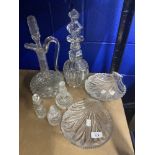 19th cent. Glass: Claret jug with rivet repair, ring neck decanter, cut glass dressing table bottles