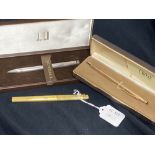 Pens: Dunhill white metal ballpoint pen, Qantas crest atop crown, boxed. Cross yellow metal