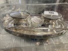 Hallmarked Silver: Pair of inkwells on stand with silver pen. Stand hallmarked London, pen